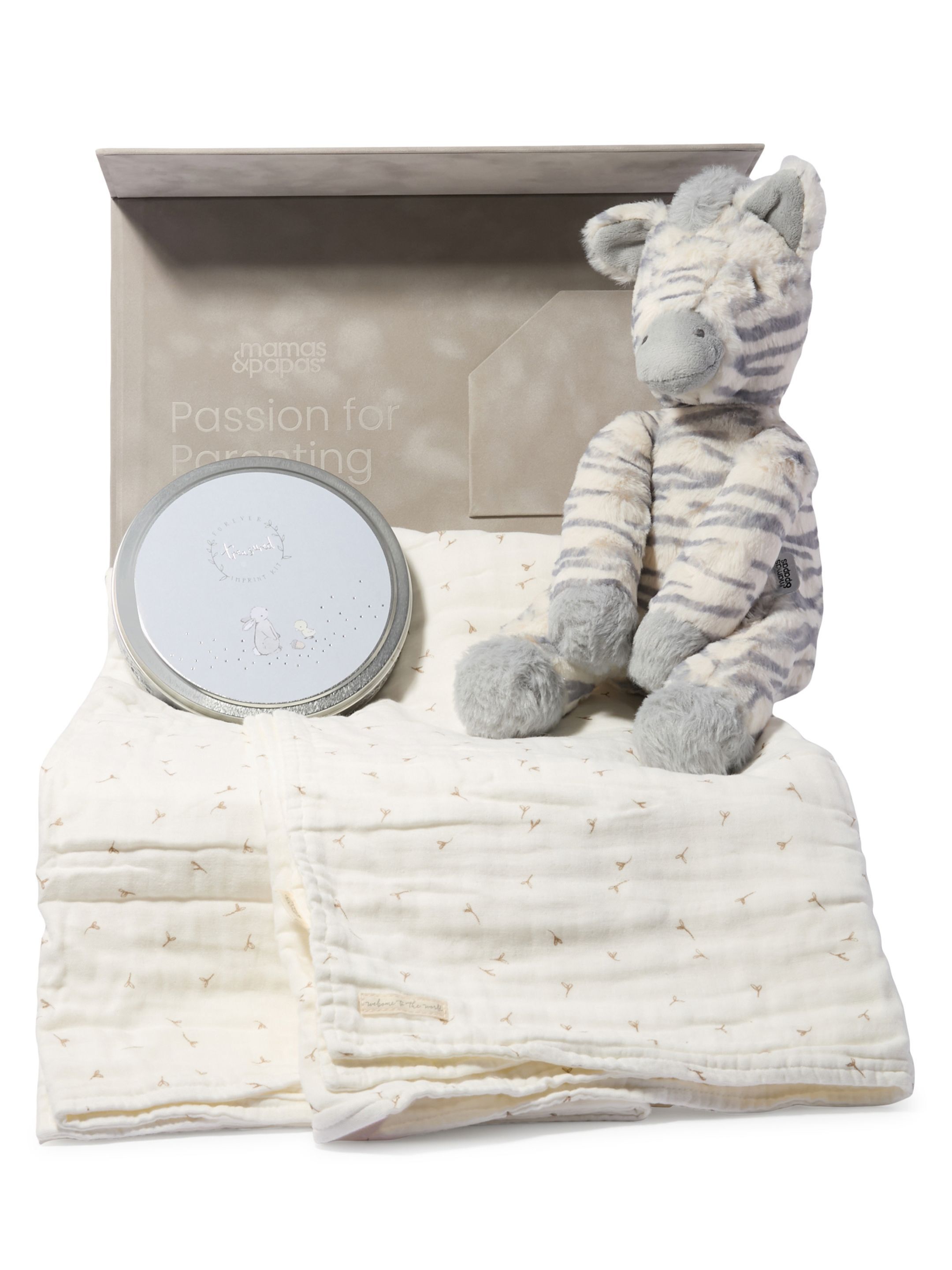 Keepsake Gift Set - Seed Muslin Blanket with Ziggy Zebra Soft Toy & Blue Imprint Tin image number 1